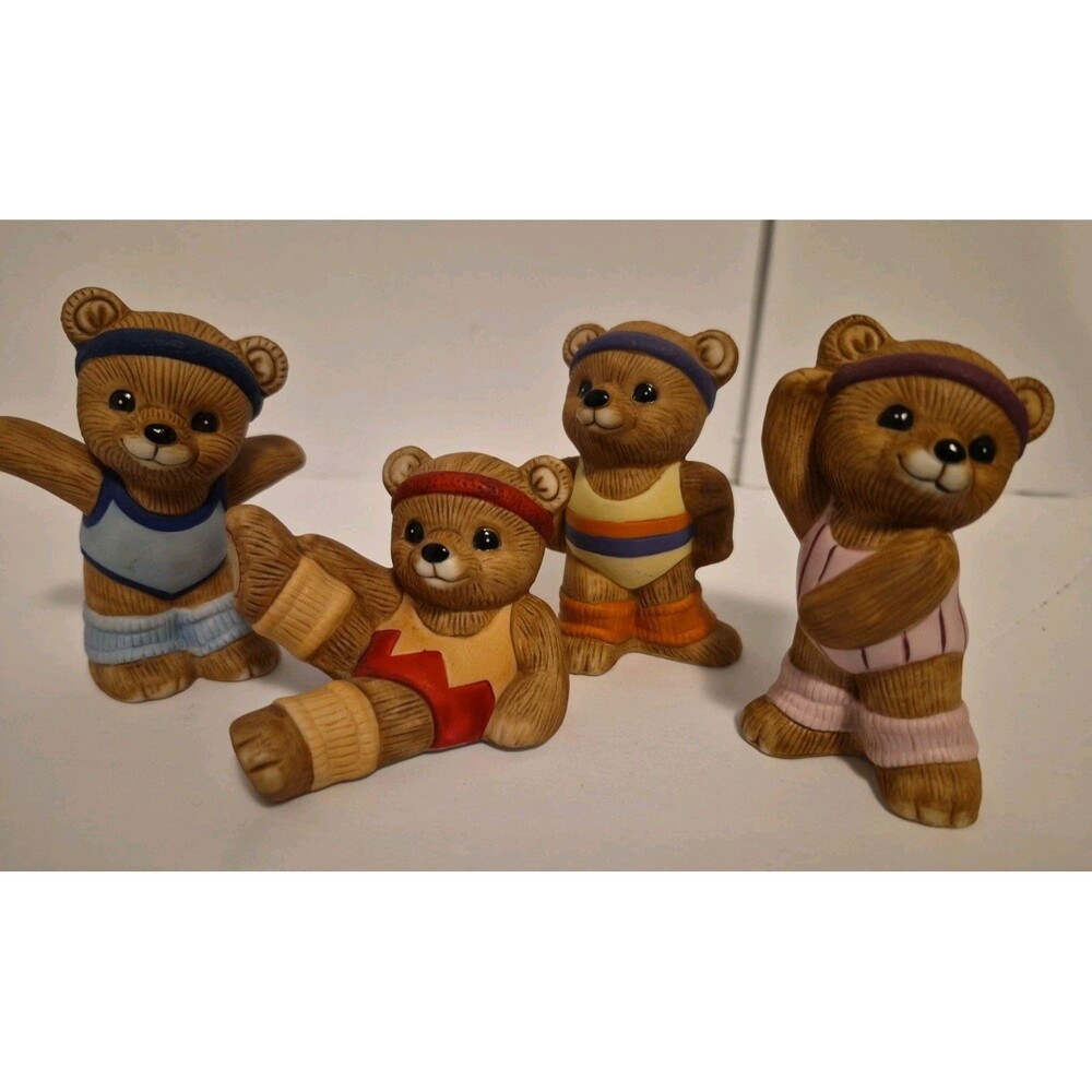 Exercise Workout Ceramic Bears Set Of 4 Retired Homco vintage 1448 2.5"